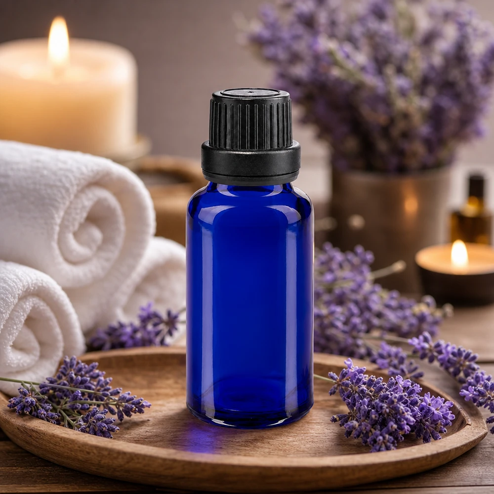 Blå 20 ml glasflaske med skruelåg og lavendel-spa-stemning