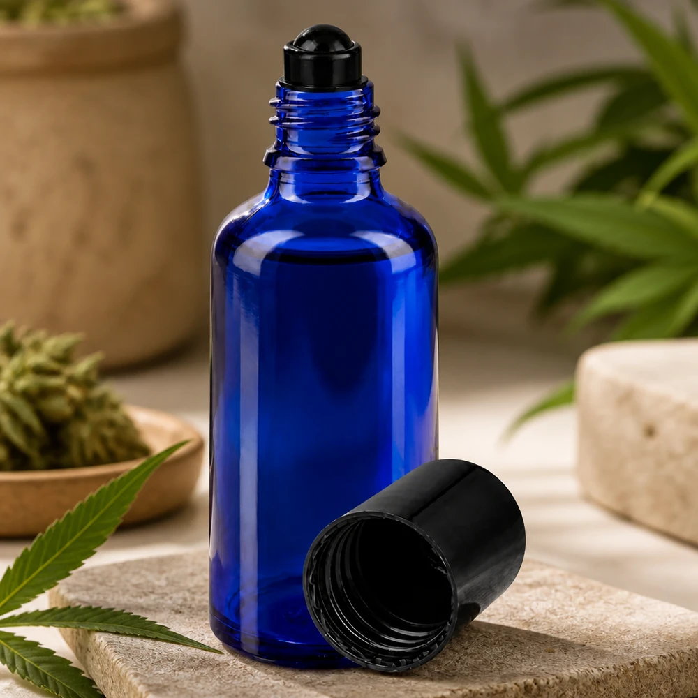 Koboltblå roll-on-flaske på 50 ml med sort rullekugle til æteriske olier og CBD-produkter