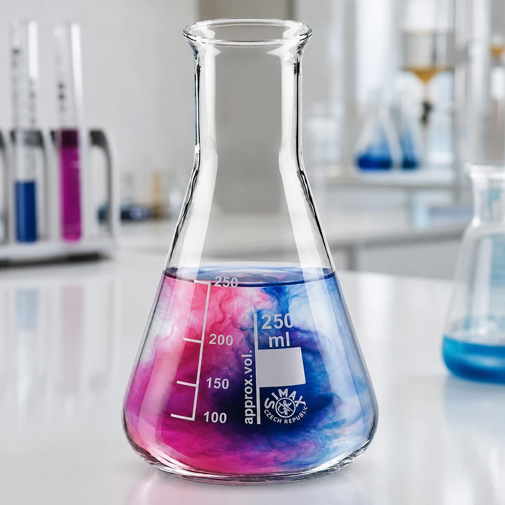 Gradueret Erlenmeyer-kolbe 250 ml med skala og farvede kemikalier til eksperimenter