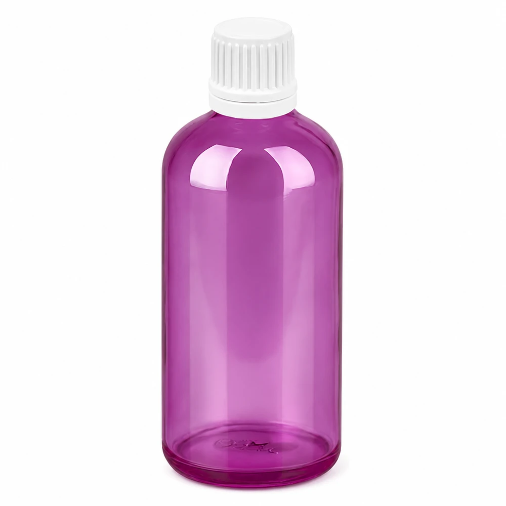 100 ml dråbeflaske 0,7 mm hvid Originality skruelåg PurpleLine UT18/100 100 ml dråbeflaske med hvid hætte og lilla plastikhus til præcis dosering