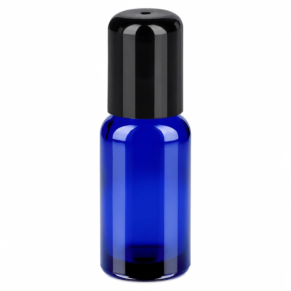 Blå roll-on-flaske 20 ml med sort hætte til æteriske olier og kosmetik