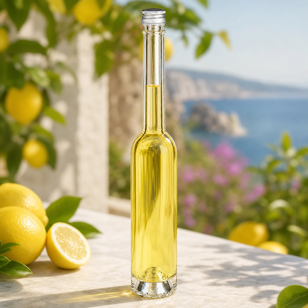 100 ml glasflaske Toni uden skruelåg UNiTWIST® 100 ml Toni glasflaske med sølvskruelåg - elegant smal form til limoncello