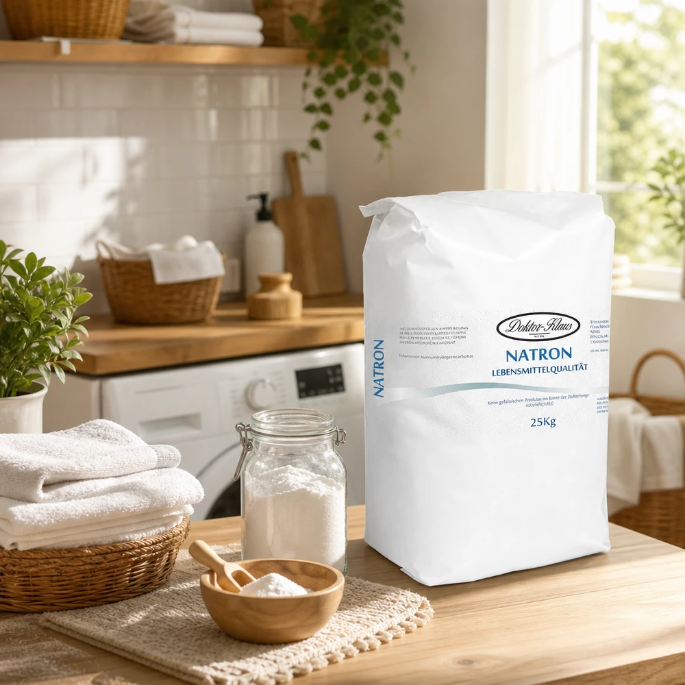 25 kg pose bagepulver (natriumhydrogencarbonat) Stor pose med 25 kg bagepulver i moderne køkken med naturligt natriumhydrogencarbonat