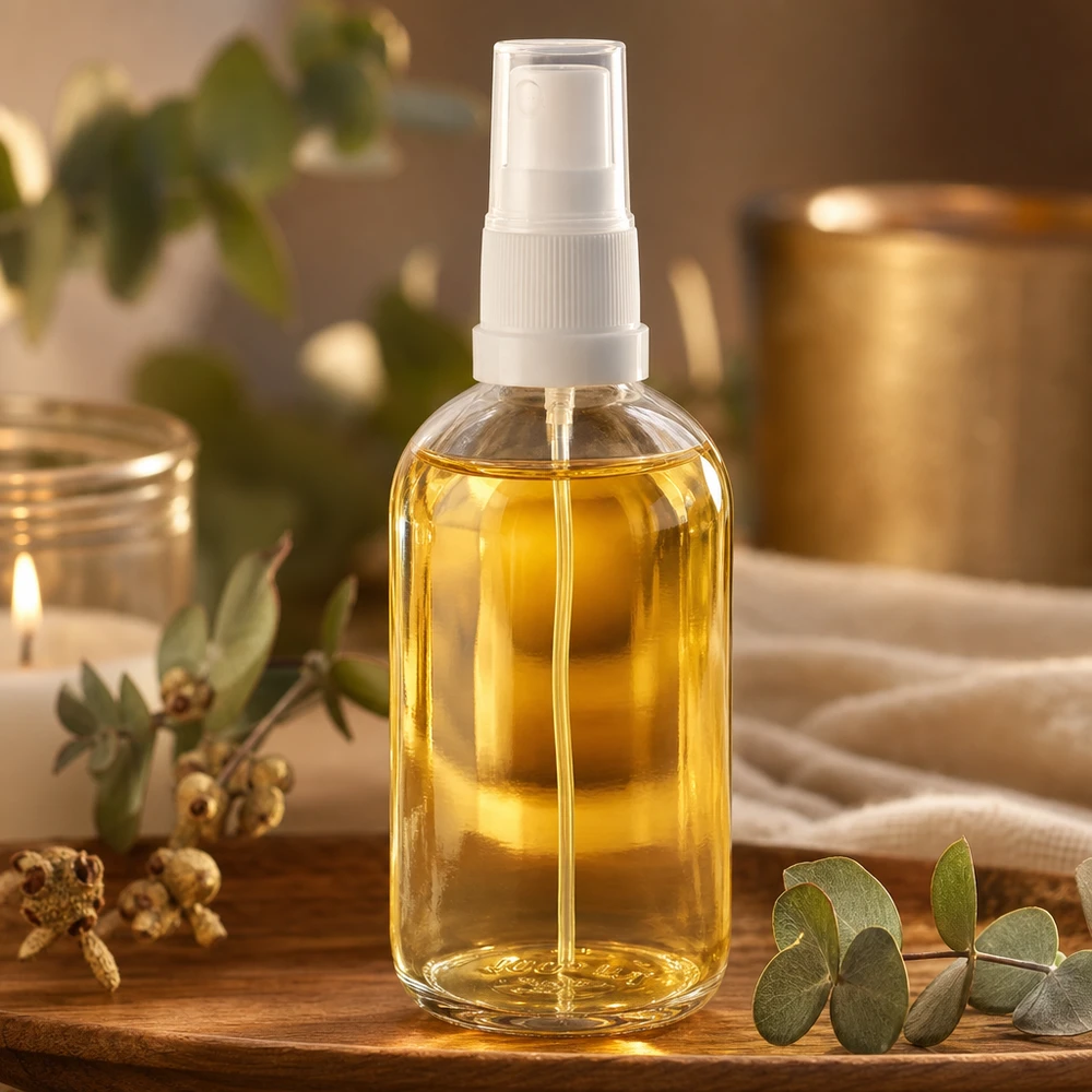 100 ml sprayflaske hvid/tr. STD ClearLine UT18/100 100 ml ClearLine-glasflaske med gyldent oliesprøjtehoved i hvidt på træbakke – Wellness-stemning