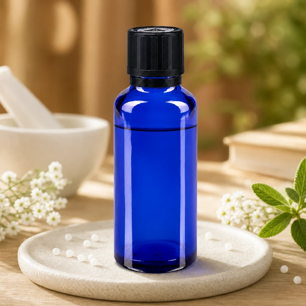 Apotfl. blå 30ml dryp v. Pr. 1mm s. KiSi Bliw OV Blå glasflaske på 30 ml med sort børnesikret låg omgivet af hvide blomster og mynte