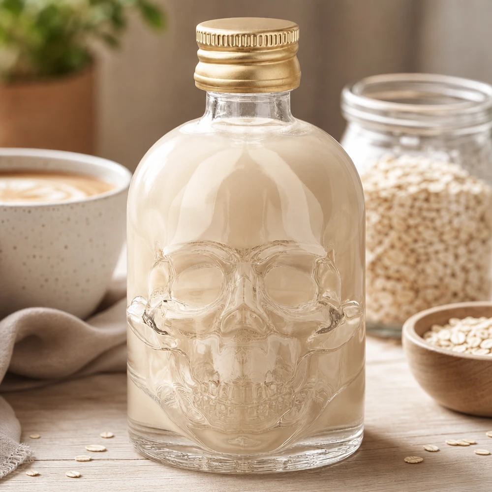 50 ml glasflaske »Hector« og skruelåg guld UNiTWIST® 50 ml Hector-glasflaske med kranierelief og guldhætte i en naturlig køkkenindstilling med havreflager