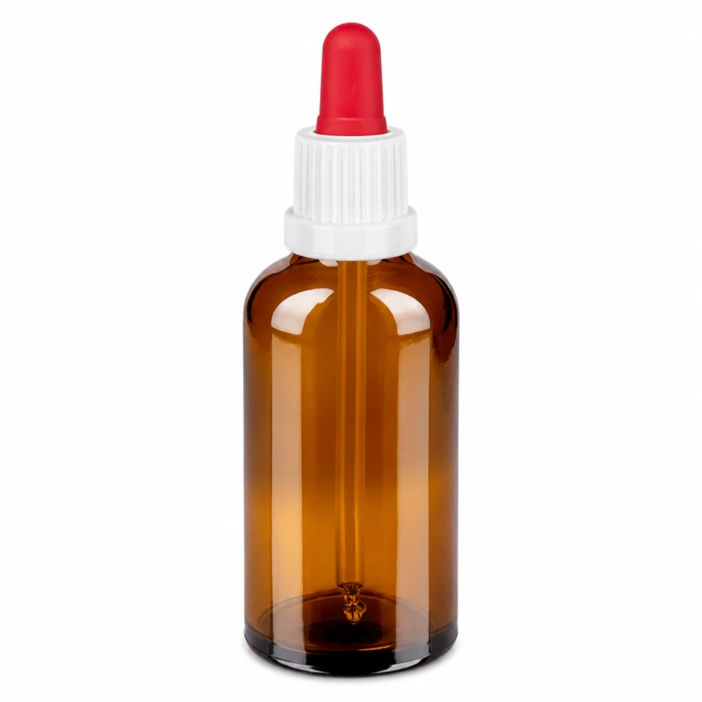 50 ml pipetteflaske hvid/rød OV BrownLine UT18/50 50 ml pipetteflaske af ravfarvet glas med hvid hætte og rød pipette til præcis dosering