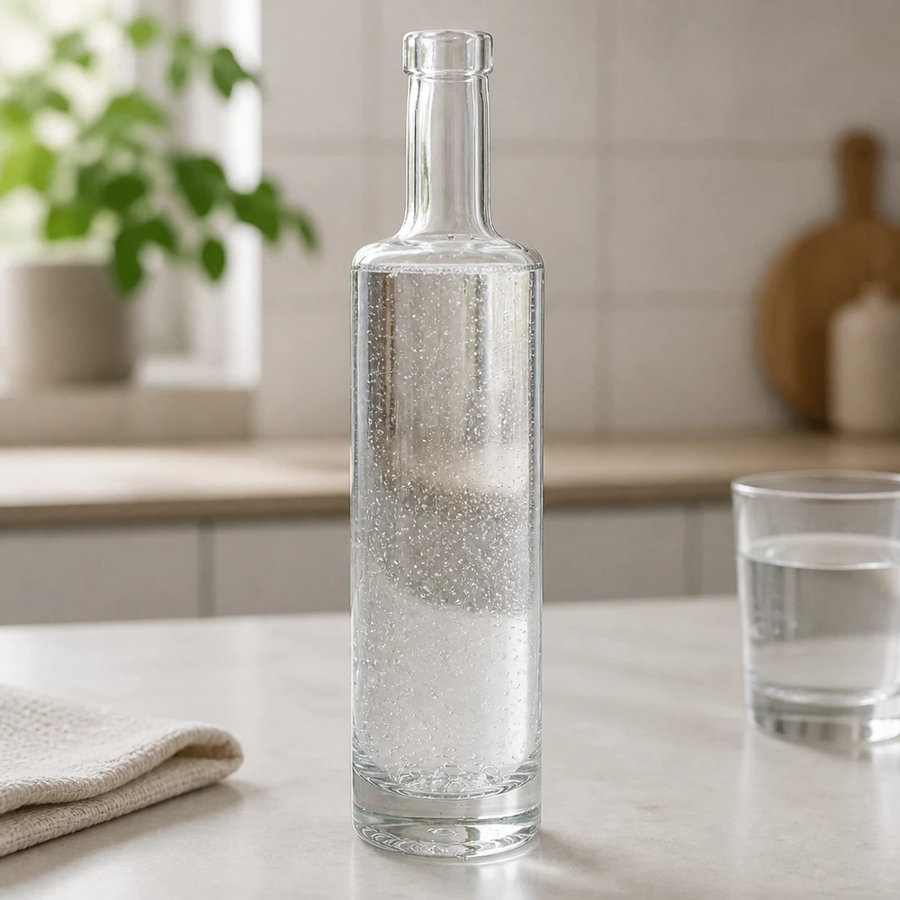 500 ml glasflaske »Lina« uden låg UNiTWIST® 500ml Glasflasche Lina mit sprudelndem Wasser gefüllt in modernem Küchenambiente mit Wasserglas und Textil-Deko
