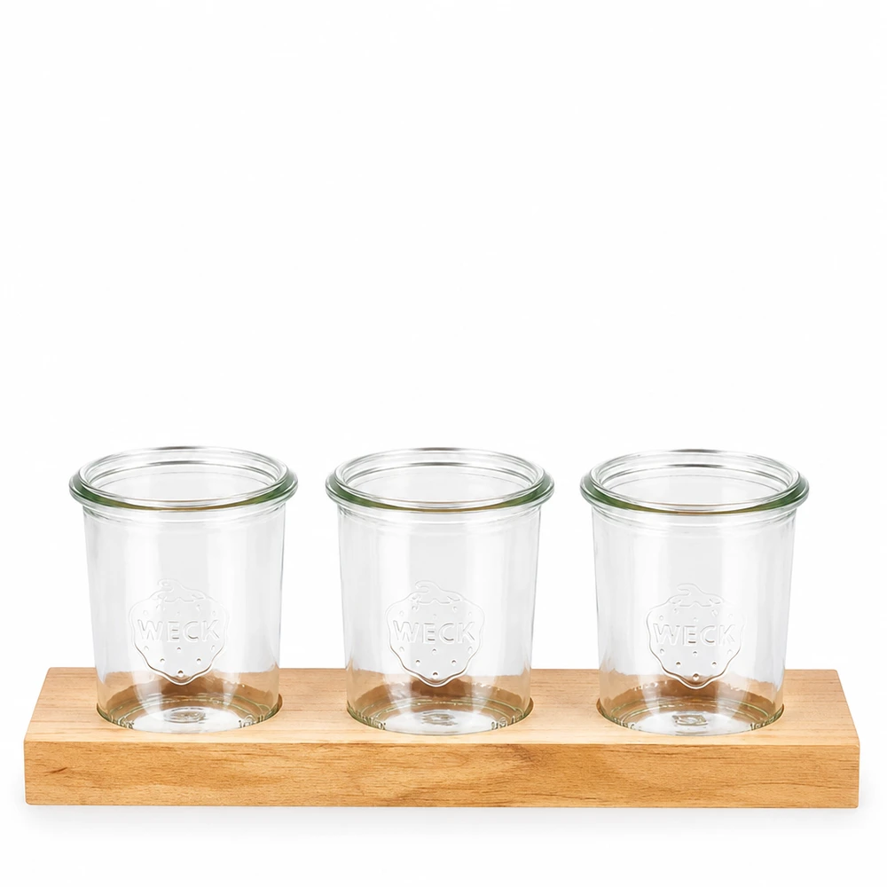 Serveringsbræt Plano3 med 3 Weck-glas med skruelåg, 160 ml Plano3 serveringsbræt i træ med tre Weck 160 ml-bægre til dip, krydderier og snacks
