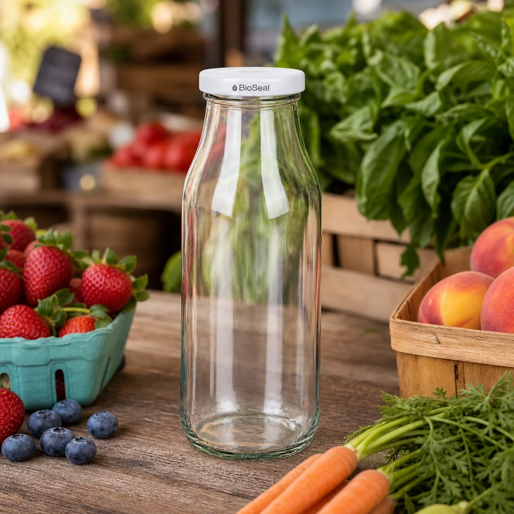 UNiTWIST Bottle263 med hvidt låg TO43 BioSeal UNiTWIST Bottle263 Glasflaske tom mellem frisk frugt og grøntsager på et træbord i en naturlig køkkenscene