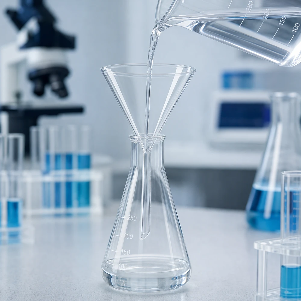 Tragt Ø 100mm borosilikat vinkel 60 kort stil Laboratorietragt med kort håndtag af borosilikatglas med en diameter på 100 mm til kemiske anvendelser