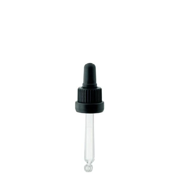 Pipettehætte sort DIN18, 63 mm pipettelængde med tamper-evident ring. Alkoholtæt. Til ApoGlas® 20 ml brun, blå (++); 20 ml Mironglas (+++) med 18 mm gevind.