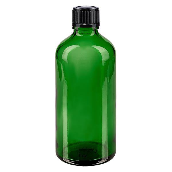 Apoteksflaske grøn 100ml skruelåg sort pc Apoteksflaske grøn 100ml skruelåg sort pc