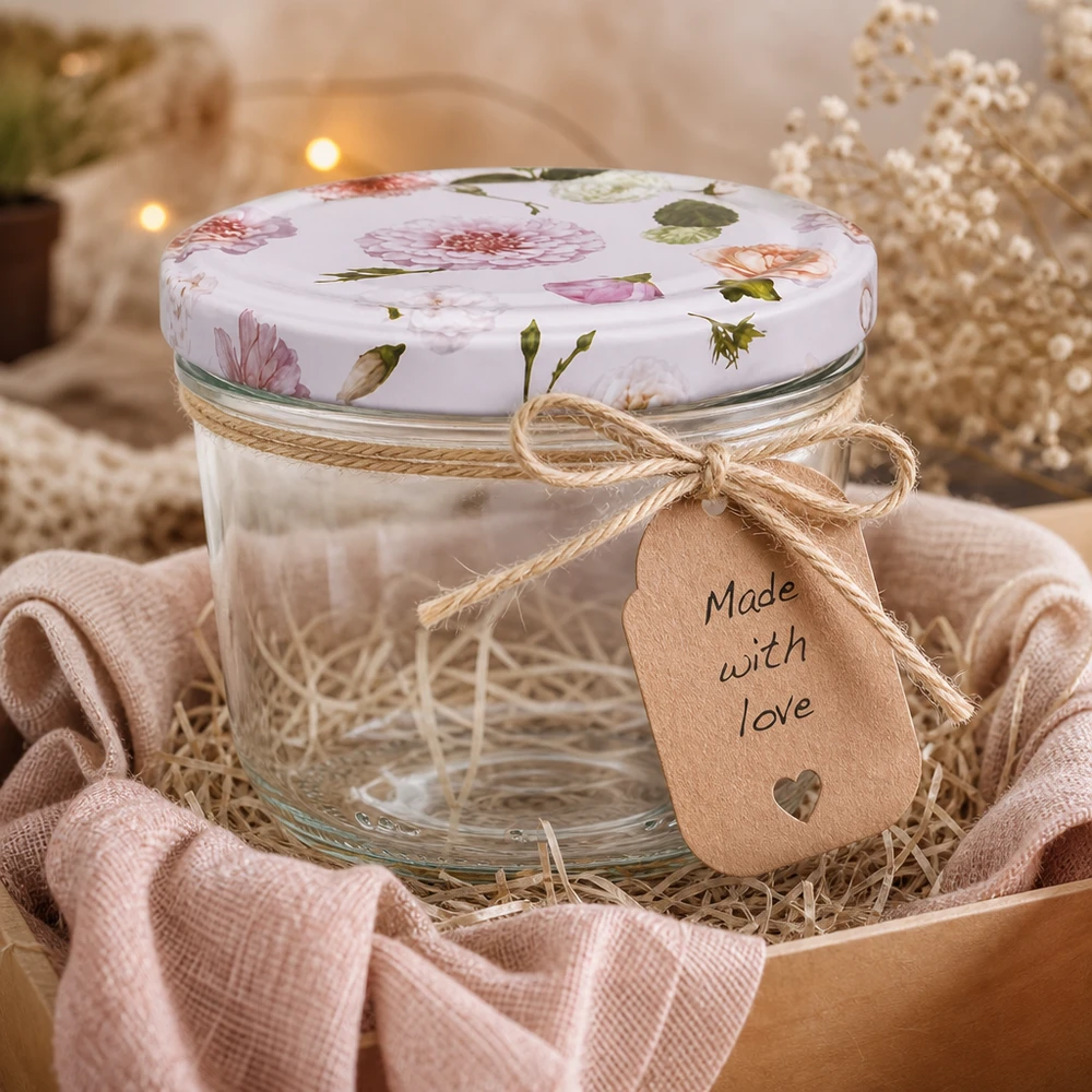 230 ml væltet glas + BasicSeal låg Blume rosa UNiTWIST 230 ml glas BasicSeal-låg lyserøde blomster gaveæske håndværkskurv jutesløjfe Made with Love-tag