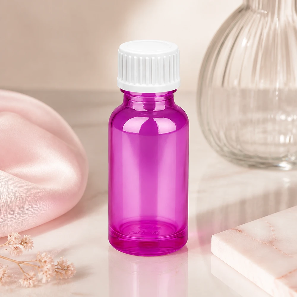 20 ml (kugle) flaske 3 mm hældering hvid standard PurpleLine.UT18/20 Elegant 20 ml glasflaske i lilla med hvid gevindhætte til professionel brug