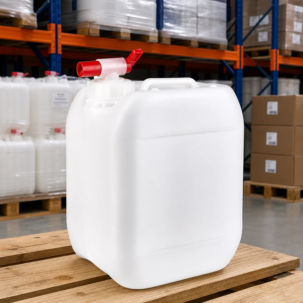 Stabelbar hvid plastdunk på 5 liter med rødt tappehåndtag på træpalle på lageret