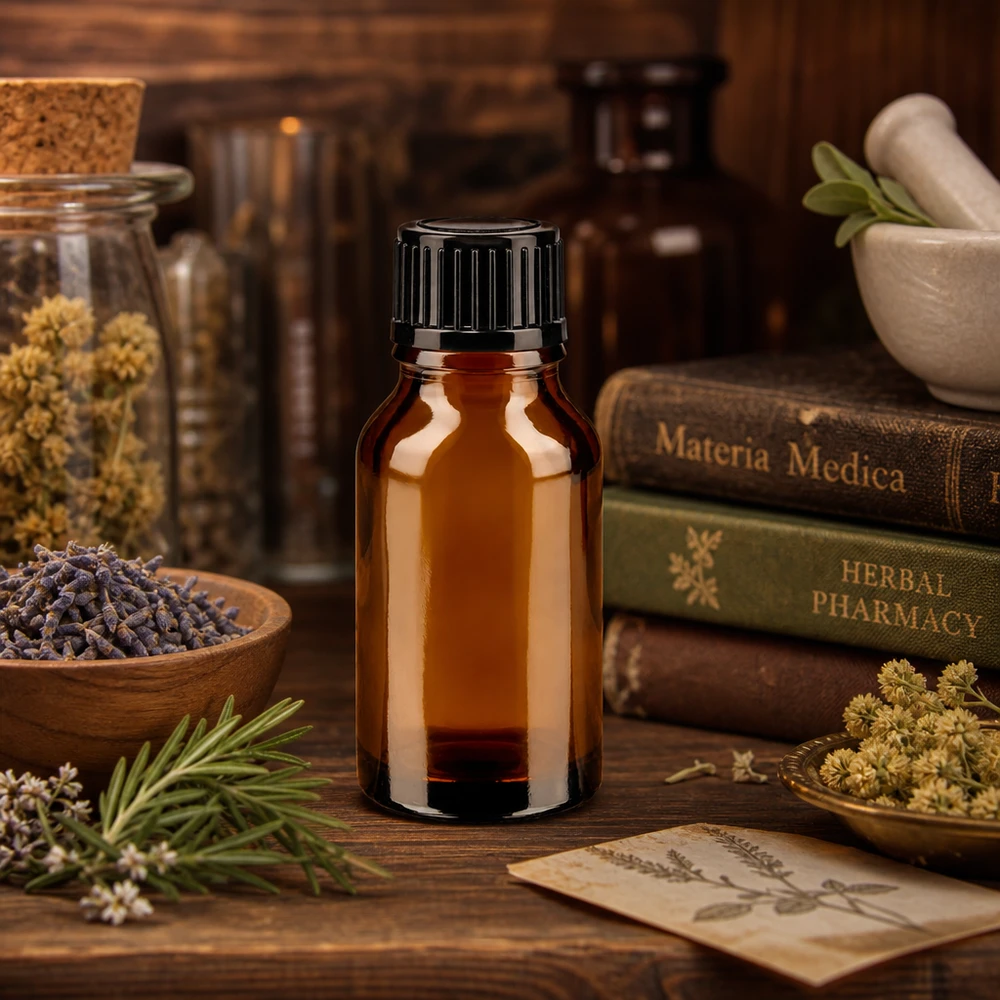 Apoteksflaske brun 15ml skruelåg sort pc Apotekflaske, 15 ml, brunt glas, sort skruelåg, mellem urtebøger og Materia Medica