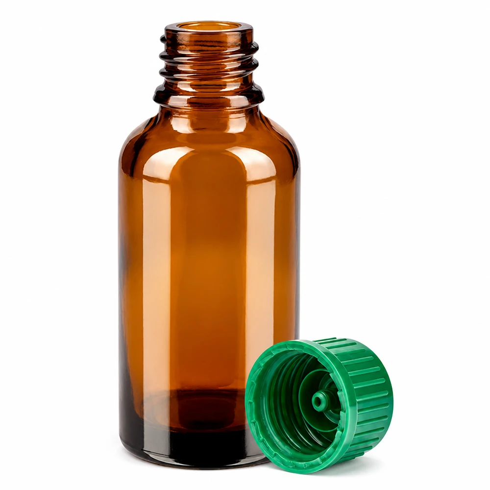 30 ml flaske 11 mm SV grøn STD BrownLine UT18/30 30 ml apotekerflaske lavet af ravfarvet glas med 11 mm gevind og grøn hætte STD