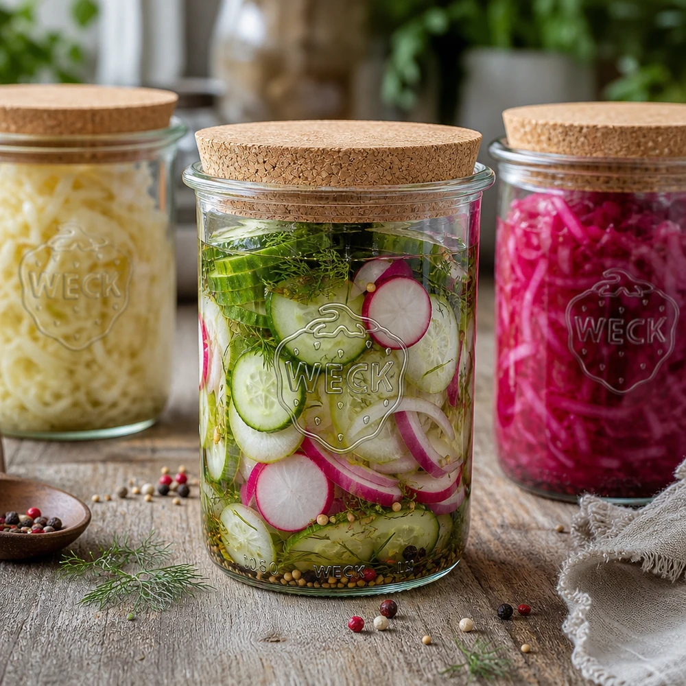1000 ml Briller WECK RR100 med kork natur WECK 1000ml RR100 sylteglas med kork låg Sæt med syltede agurker, sauerkraut og radiser til opbevaring