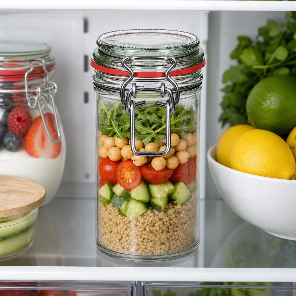 272 ml opbevaringsglas, type G, med bøjlelåg UN.. Opbevaringskrukke 272 ml med svingtop fyldt med salat quinoa kikærter tomater agurk i køleskabet