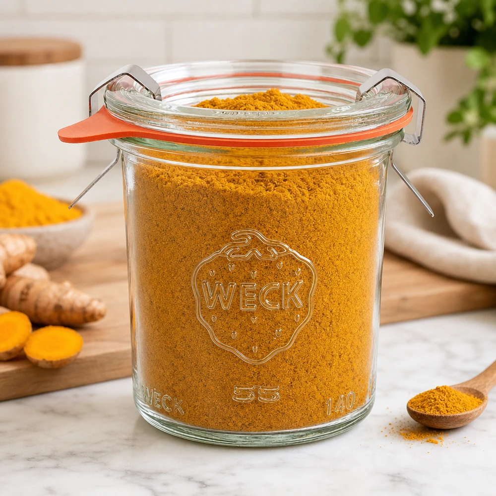 140 ml Briller komplet WECK RR60 WECK Sturzglas 140ml RR60 mit Kurkuma-Pulver gefüllt in moderner Küche zeigt Vielseitigkeit für Gewürzaufbewahrung