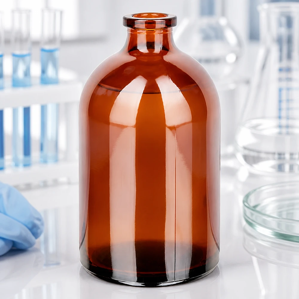 Injektionsflaske af ravfarvet glas 100 ml Injektionsflasche 100ml aus braunem Glas zur Lagerung photosensitiver pharmazeutischer Wirkstoffe
