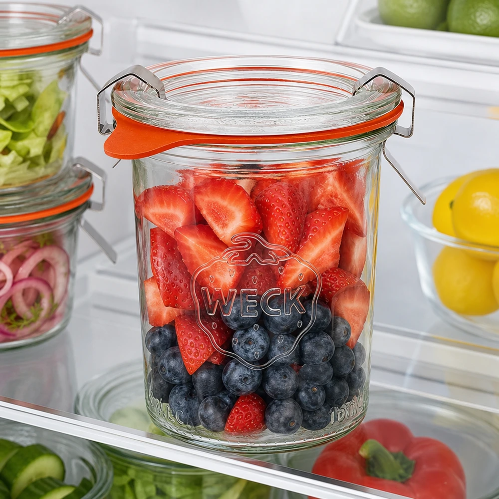 160 ml Briller komplet WECK RR60 WECK 160 ml RR60-bægre fyldt med friske bær i køleskabet for optimal friskhed og opbevaring
