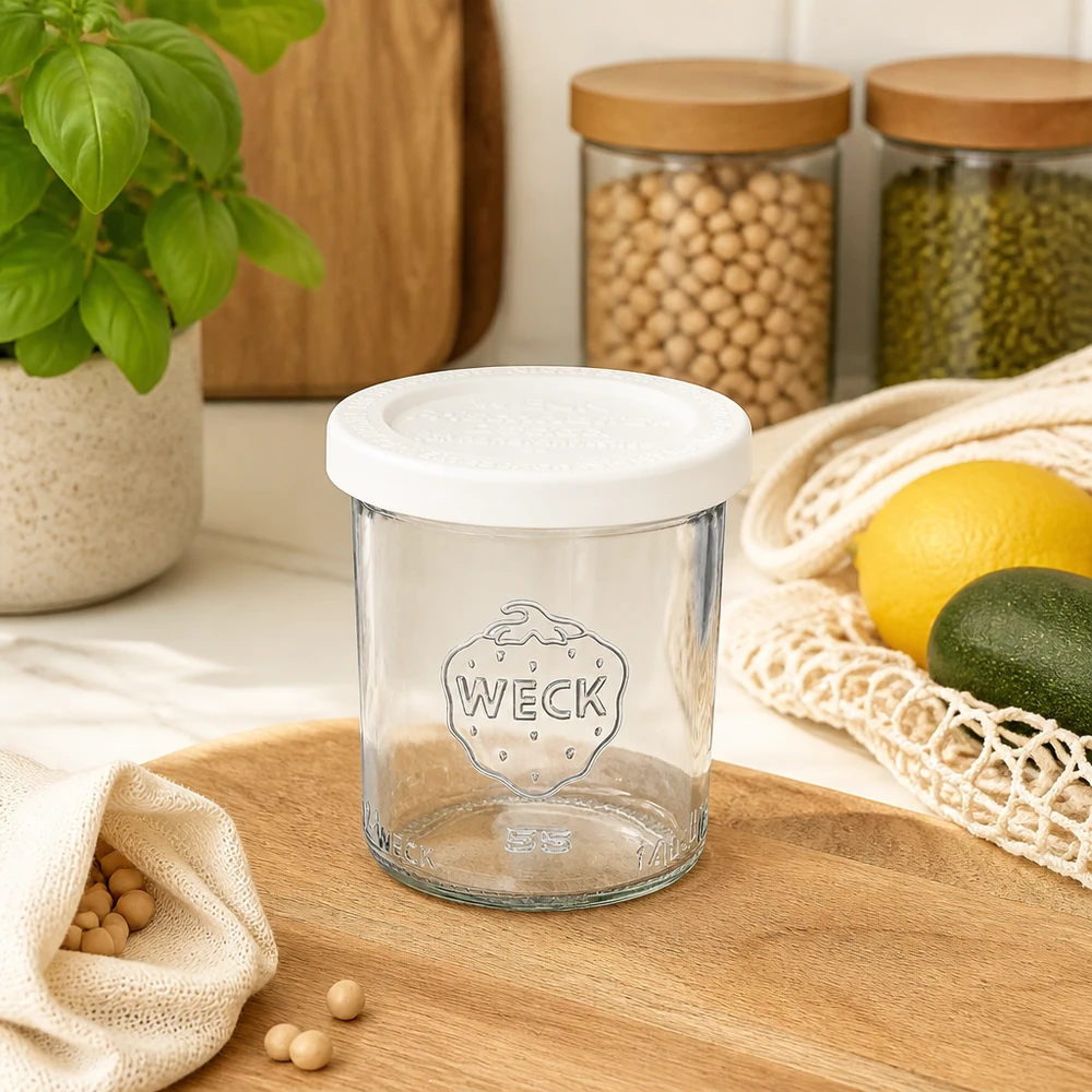 140 ml krukke med friskhedslåg WECK RR60 WECK 140 ml-bægre RR60 tomme med friskhedslåg i moderne køkkener ved siden af opbevaringsglas og frisk frugt