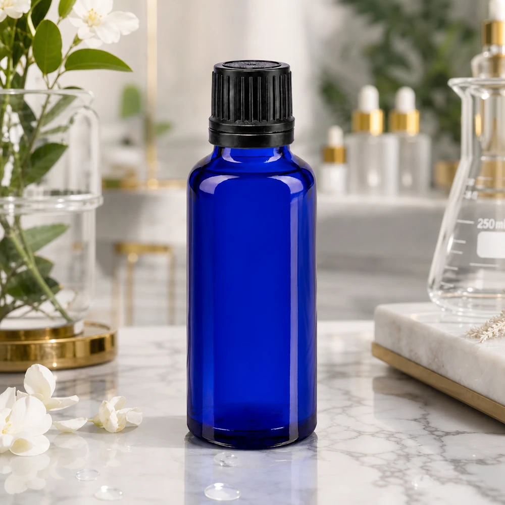 Apoteksflaske blå 30ml dryp v. Pr. 1mm sort OV Apotekerglas-dråbeflaske på 30 ml i blå med sort skruelåg på marmorbaggrund