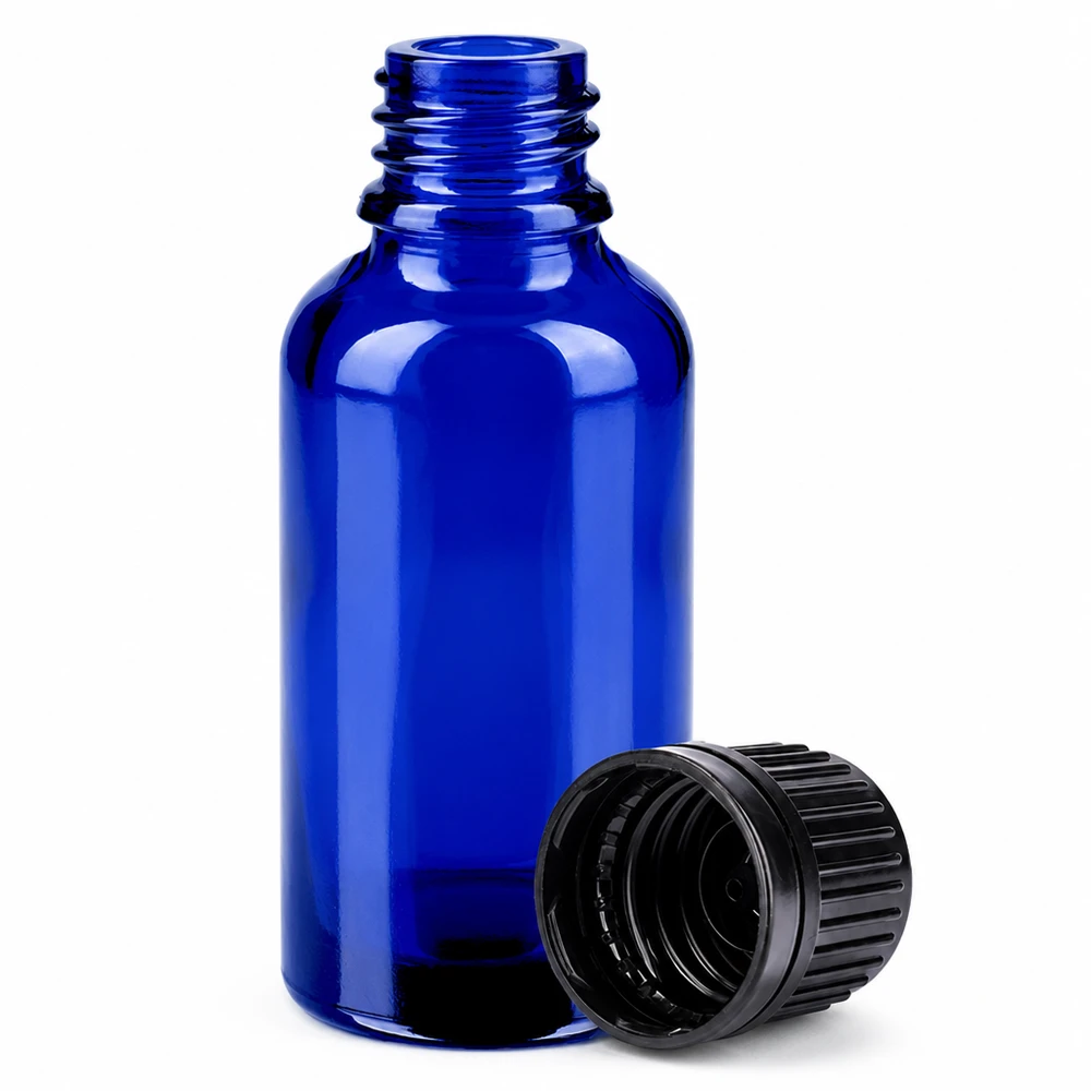 Blå 30 ml glasflaske med skruelåg til aromaterapi og naturkosmetik