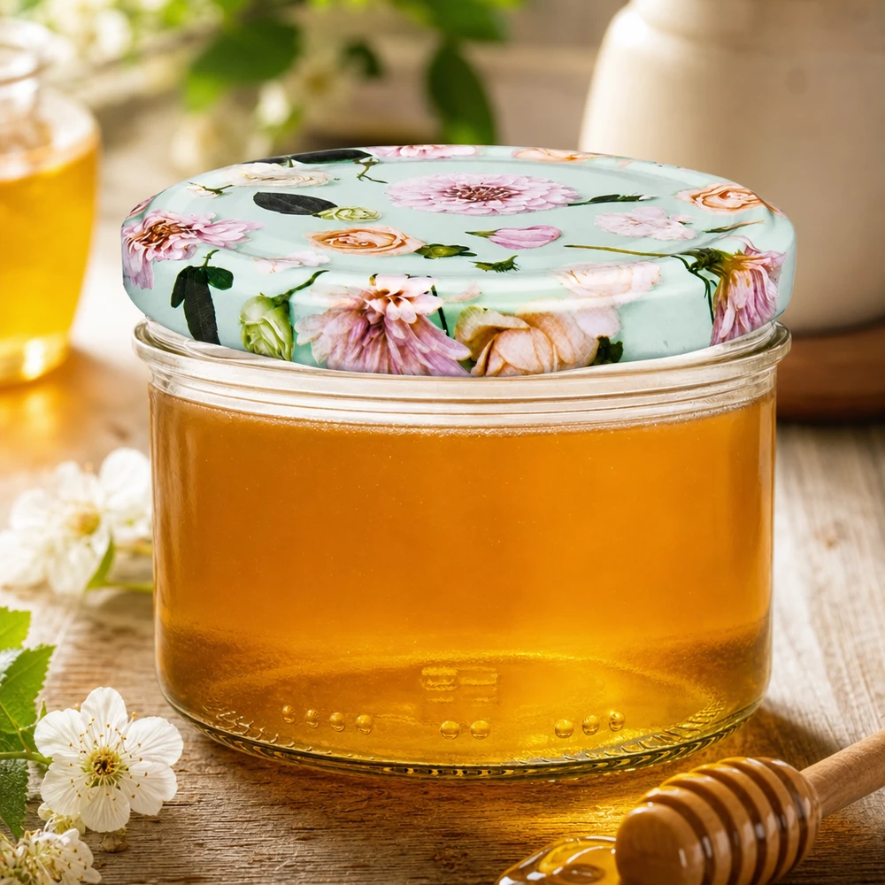 230 ml cylinderglas + BasicSeal låg Blume mint Honningkrukke 230 ml med dekorativt BasicSeal-låg blomstermynte - gylden honning med træske og blomsterdekoration