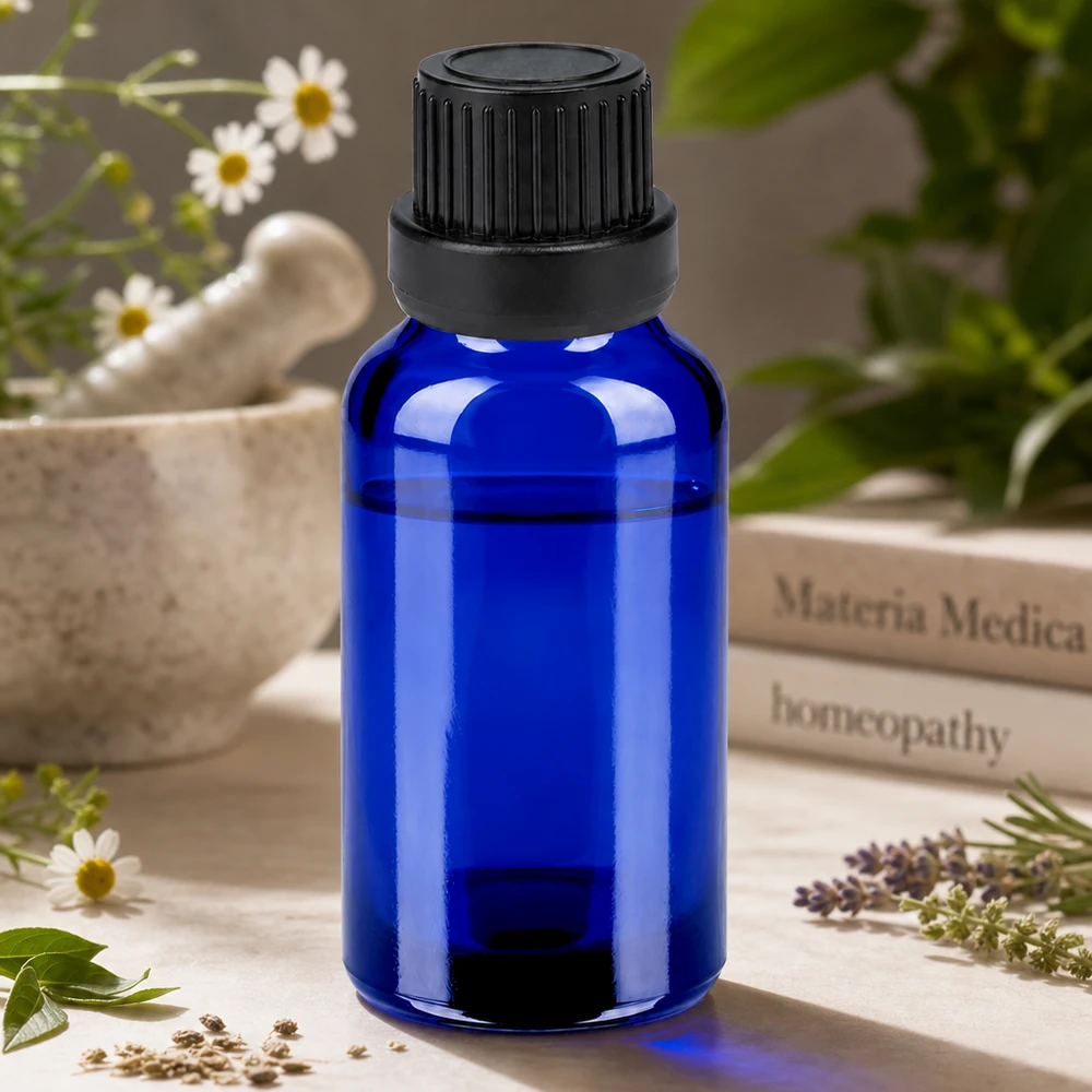 20 ml flaske 11 mm SV sort OV BlueLine UT18/20 Kompakt 20 ml-flaske med sort sikkerhedsdæksel til homøopatiske midler