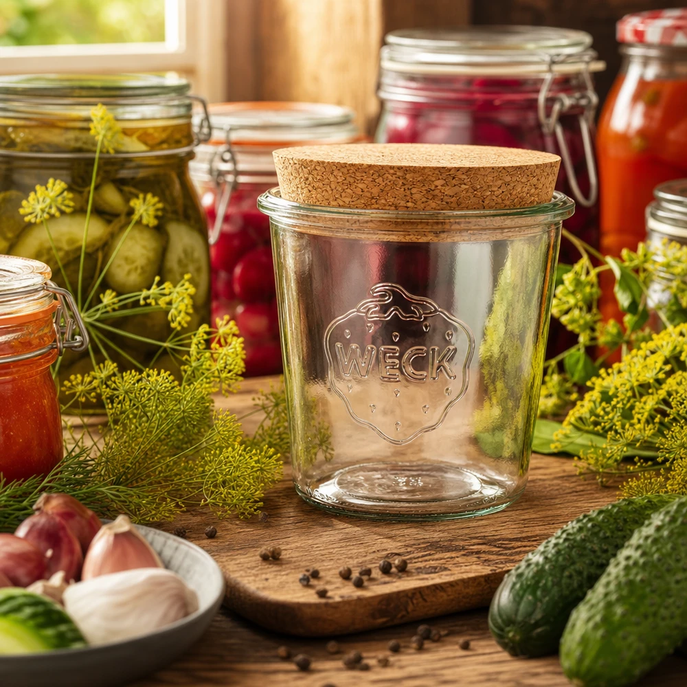 580 ml Briller WECK RR100 med kork natur WECK syltekrukke 580ml RR100 kork låg i rustikt køkken dekoreret med krydderier pickles og tilbehør til konservering