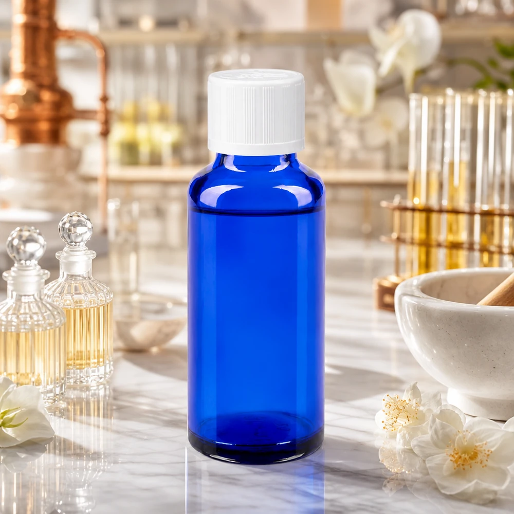 Apoteksflaske blå 30ml dråbetæller hvid KiSi St Blå 30 ml laboratorieflaske med hvid børnesikkerhedslås i parfume-laboratoriet med destillationskolbe