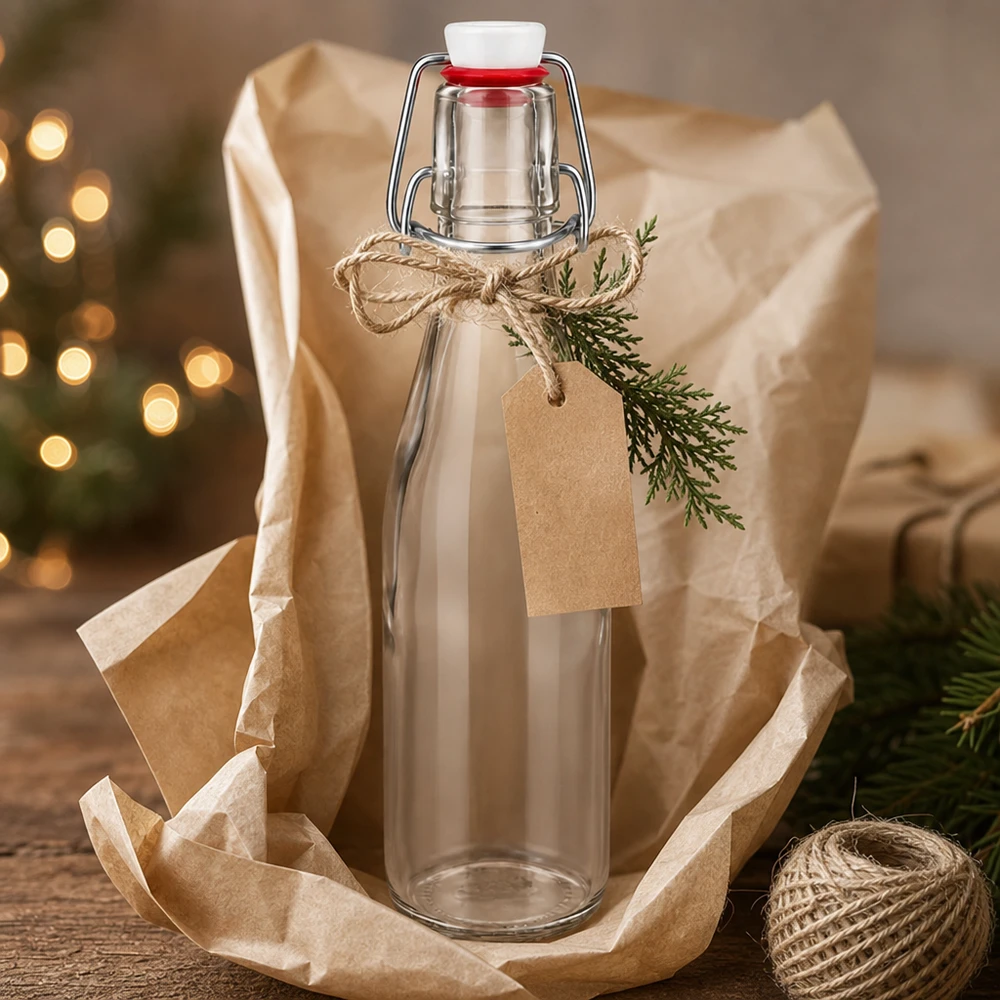 250 ml glasflaske og hængelåg i porcelæn UNiTWIST 250ml Glasflasche mit Bügelverschluss als Geschenk verpackt mit Juteschnur, Kraftpapier-Anhänger und Tannenzweig