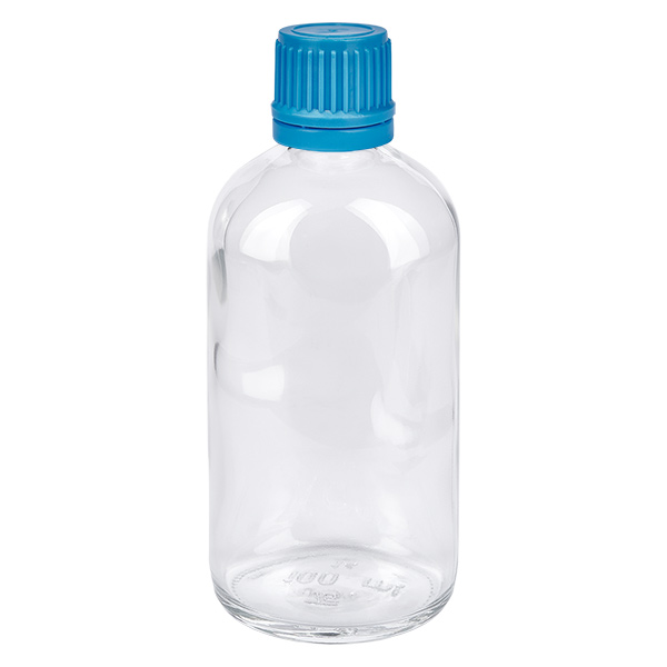 100 ml flaske 11 mm SV blå OV ClearLine UT18/100 100 ml ClearLine-glasflaske med blå skruelåg (11 mm) og originalitetslåg