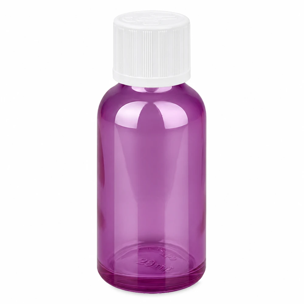 30 ml dråbeflaske 1,2 mm hvid standard børnesikret PurpleLine.UT18/30 30 ml dråbeflaske i lilla transparent med hvidt skruelåg og præcis 1,2 mm dråbeåbning