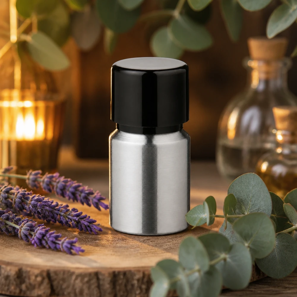 10 ml flaske i poleret aluminium med skruelåg Poleret 10 ml aluminiumsflaske i sølv med sort hætte, ideel til aromaterapi og parfumeolier