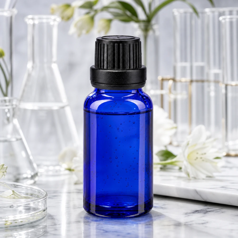 Farmaceutisk 10 ml-flaske i koboltblå med børnesikret OV-lukning og præcis 2 mm-dråbeindsats