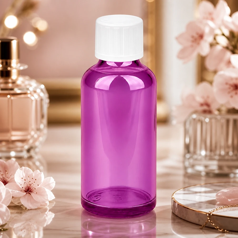 50 ml dråbeflaske 1,2 mm hvid Standard børnesikret PurpleLine.UT18/50 Lilla 50 ml dråbeflaske med 1,2 mm åbning - perfekt til DIY-kosmetik og aromaterapi