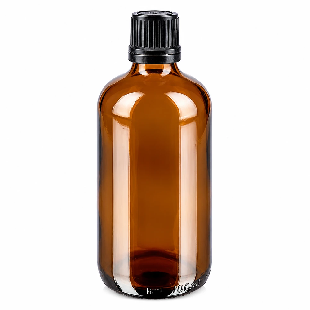 100 ml brun glasflaske med sort OV-lukning (8 mm) af apotekerglas til æteriske olier