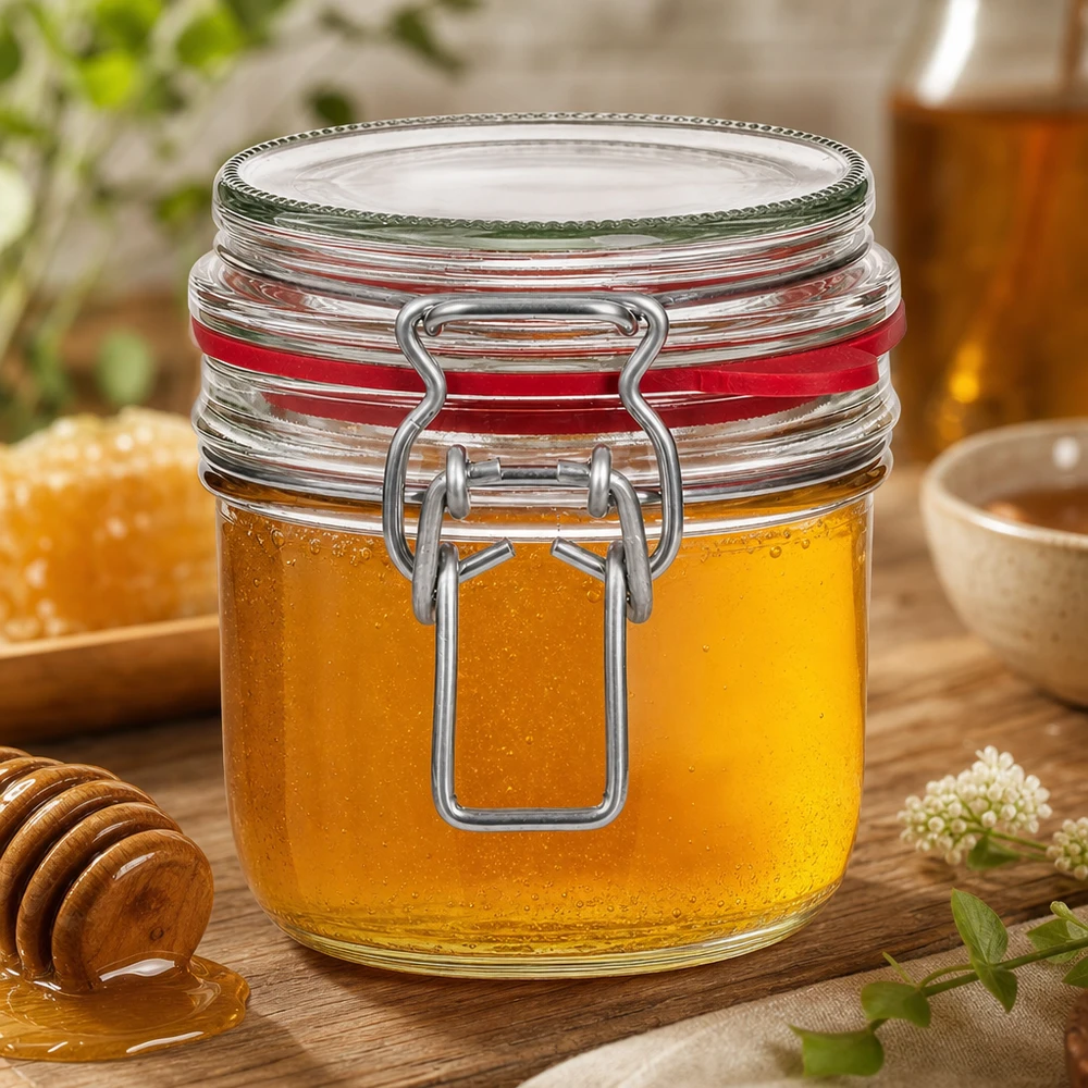 255 ml opbevaringsglas, type G, med bøjlelåg UN.. 255ml Einmachglas mit Bügelverschluss gefüllt mit goldenem Honig neben Honiglöffel auf natürlichem Holztisch