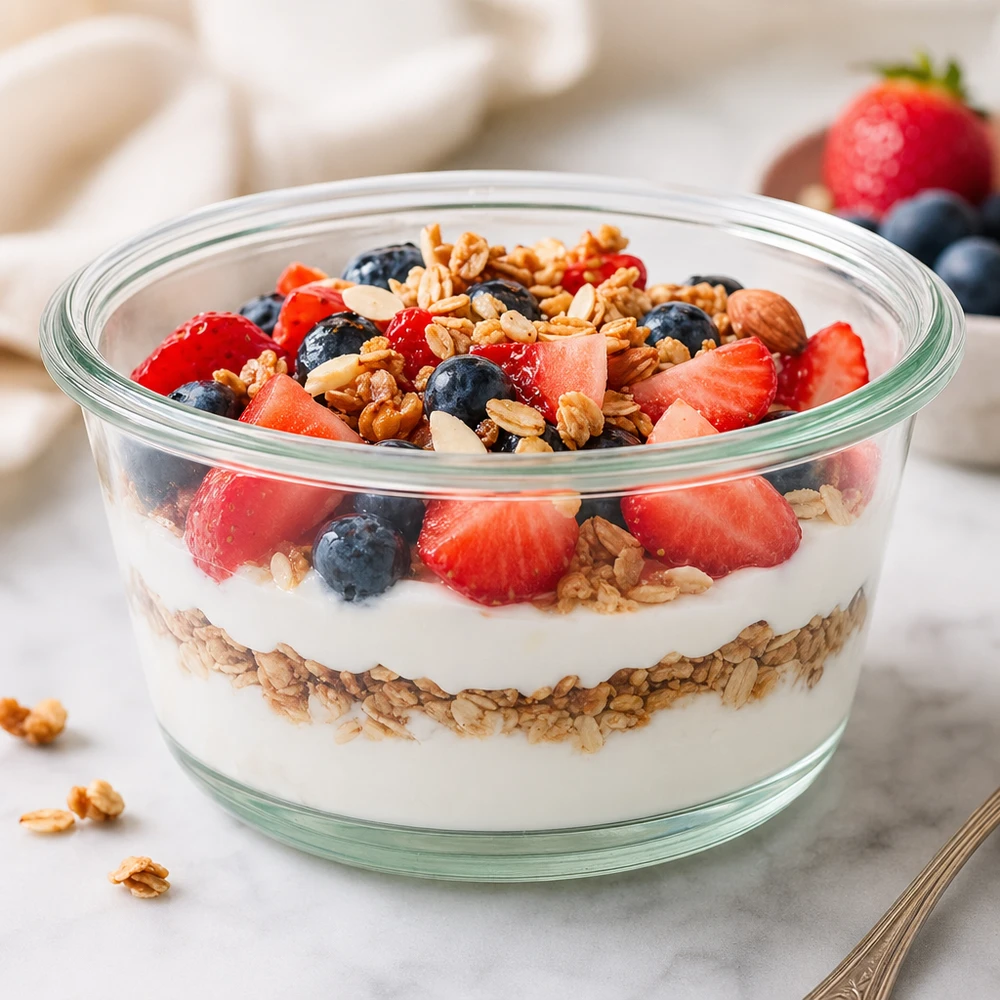 290 ml gourmetglas WECK RR100 WECK RR100 290 ml gourmetglas med yoghurt granola parfait bær og nødder serveret som en sund morgenmadsskål