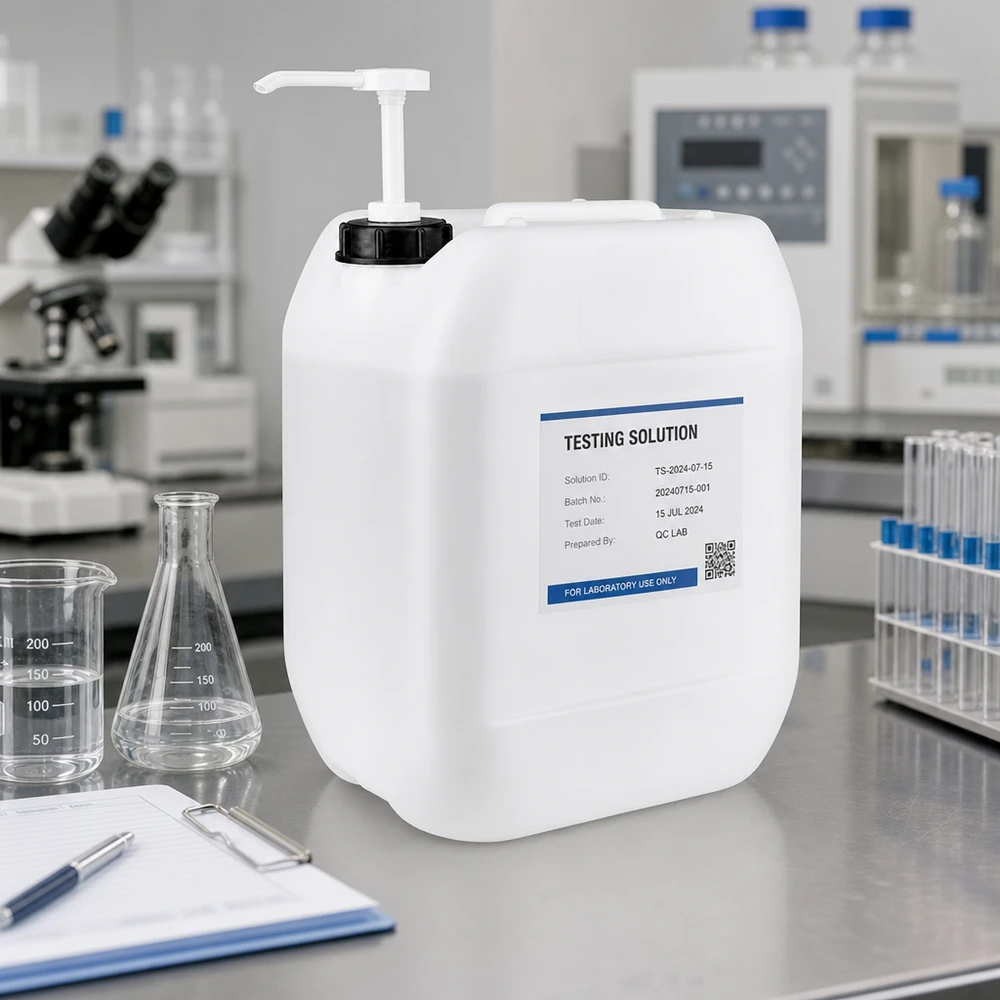 Beholder 10 liter med doseringspumpe Hvid 10-liters dunk med pumpehoved på et bord af rustfrit stål ved siden af en Erlenmeyer-kolbe i laboratoriet
