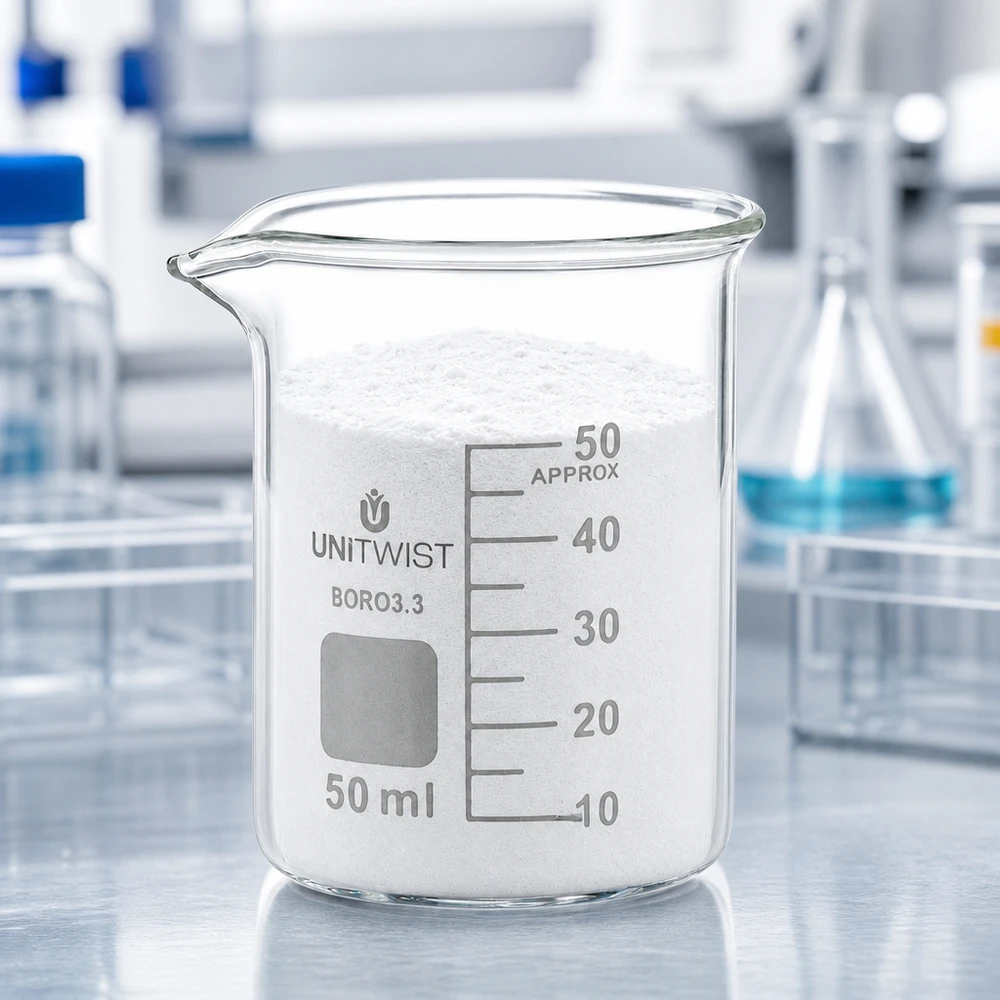 Bæger 50 ml borosilikat, lav skimmel UNiTWIST Becherglas 50 ml fyldt med hvidt pulver helt op til kanten UNiTWIST lav model til laboratoriebrug