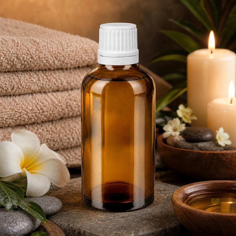 Apoteksflaske brun 50 ml skruelåg hvid OV 50 ml apotekerflaske af brunt glas med hvid skruelåg – ideel til massageolier og wellness-produkter