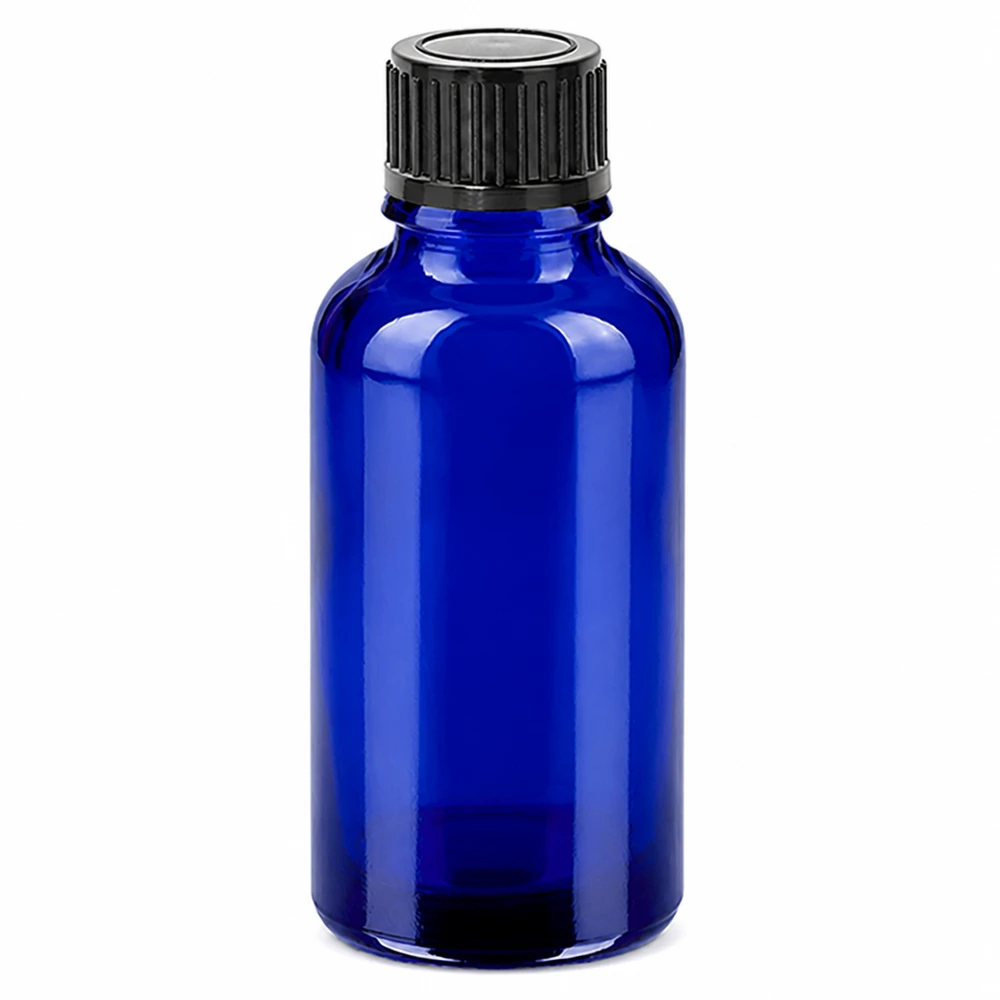30 ml flaske 11 mm SV sort STD BlueLine UT18/30 30 ml blå glasflaske med sort skruelåg til æteriske olier og kosmetik