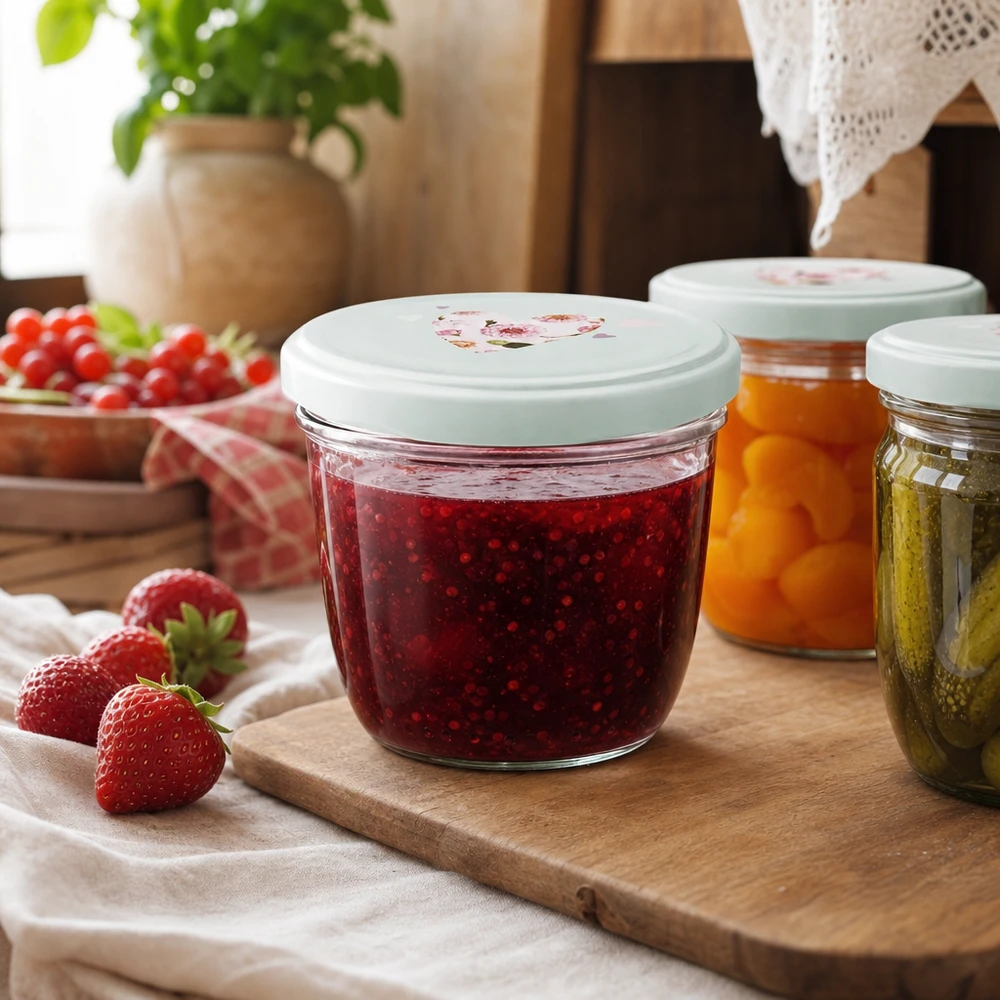 230 ml glas med skrå kant + BasicSeal låg, hjerteformet, mint UNiTWIST Jordbærmarmelade i 230 ml glas med BasicSeal-låg hjerte mynte, hjemmelavet marmelade ved siden af friske jordbær
