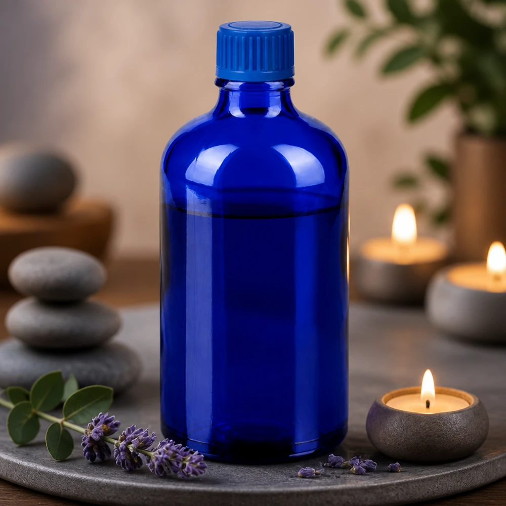 100 ml flaske 11 mm SV blå STD BlueLine UT18/100 Elegant koboltblå glasflaske 100 ml med praktisk 11 mm hætte til naturkosmetik