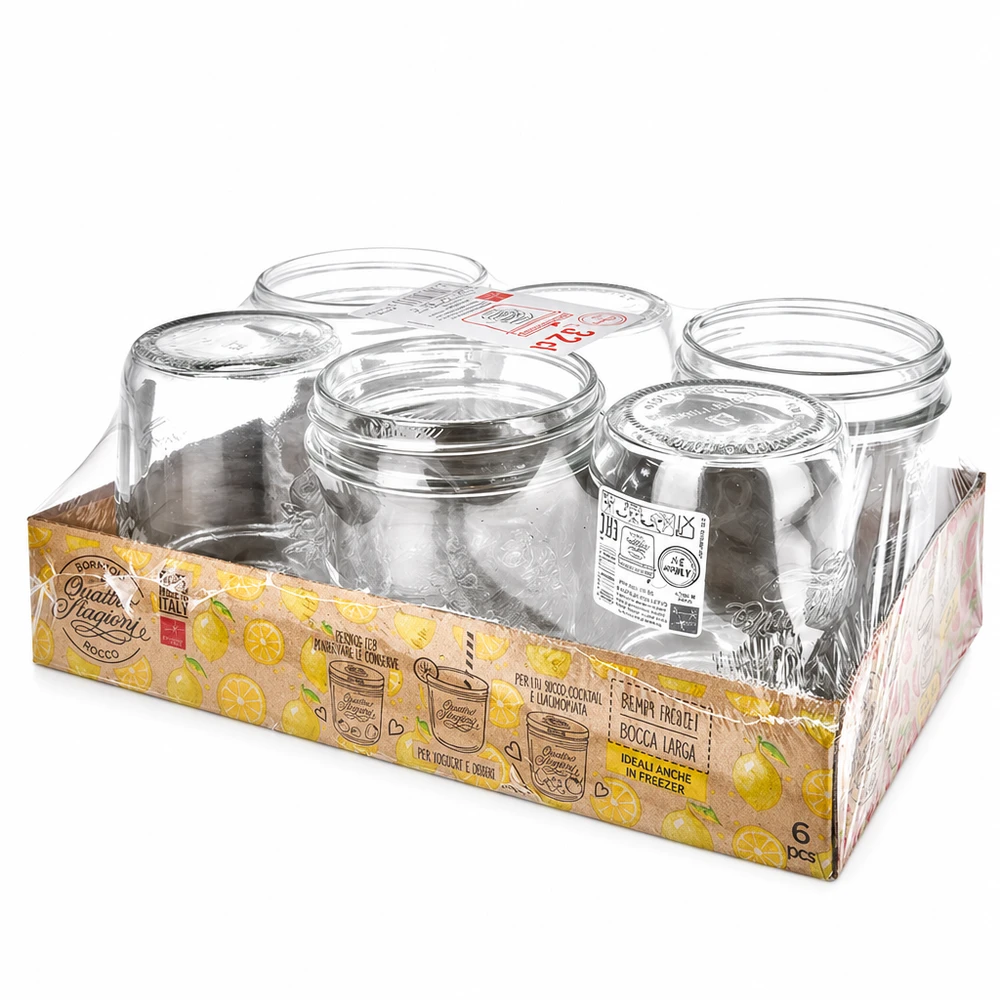 3800 ml rundt glas "Quattro Stagioni" med låg Bormioli Rocco Quattro Stagioni syltetøjsglas sæt af 6 i salgsemballage med gul citrusfrugtgrafik